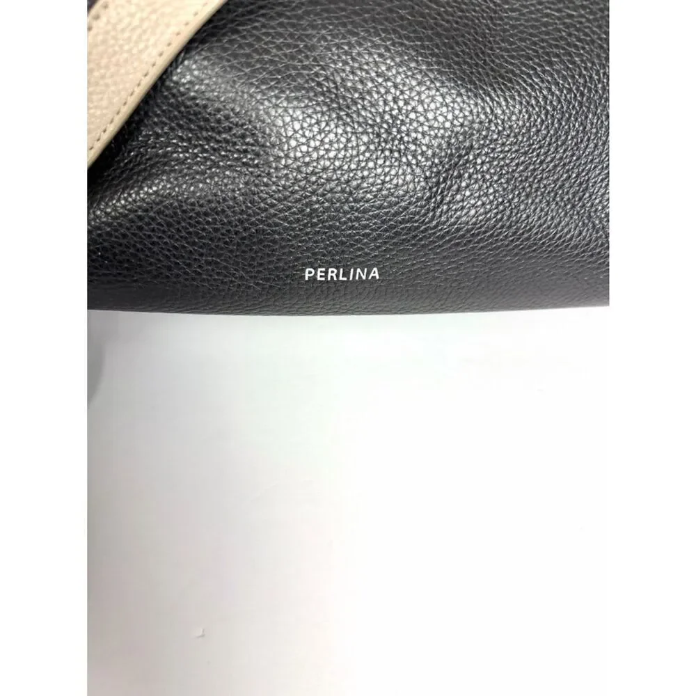 Perlina Emma Leather Satchel Shoulder Bag Multicolor Black Taupe Excellent